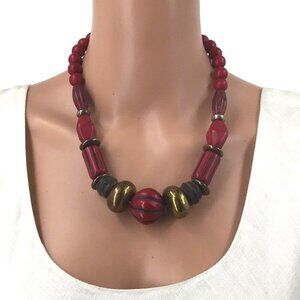 Vintage Chunky Beaded Necklace Red Black Gold Tone